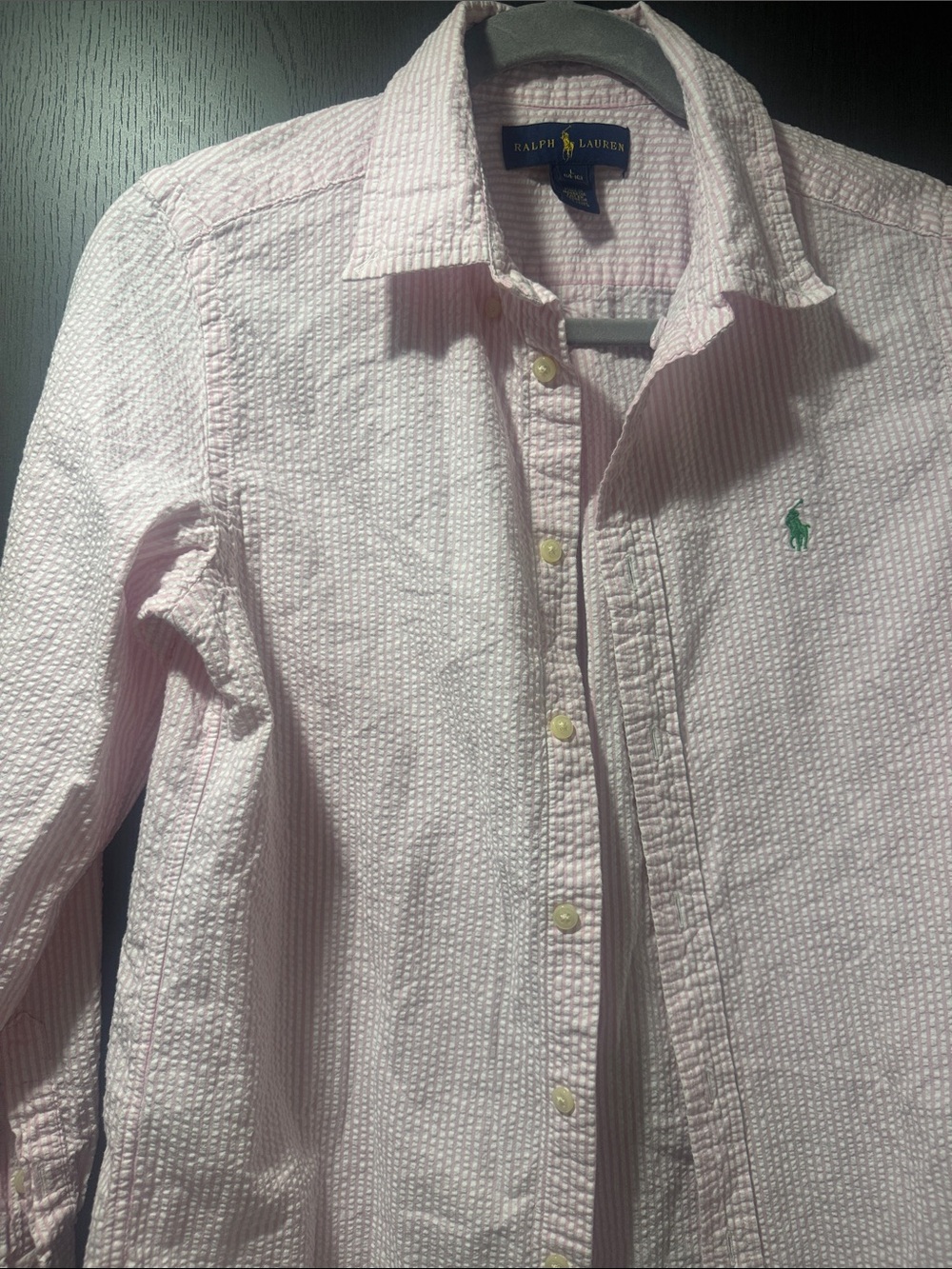 Ralph Lauren Light Pink Seersucker Button-Down Shirt with Green Pony